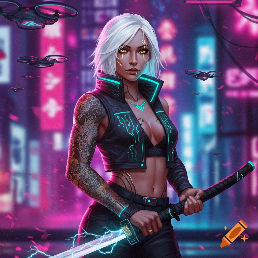 A cyberpunk female with white hair, gold eyes, tattoos, and a glowing cyber-katana stands in a neon-lit city with drones.