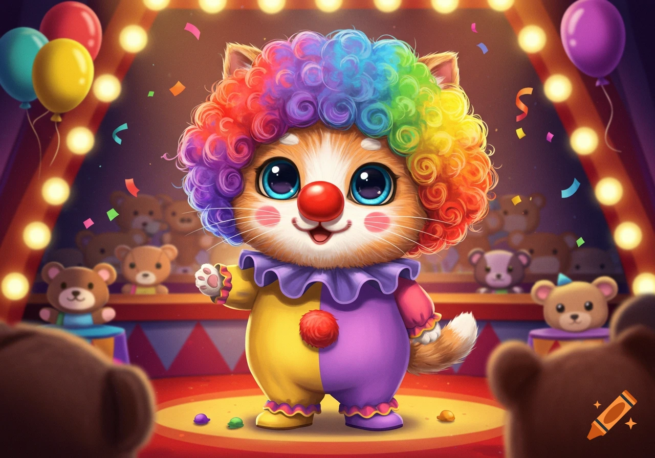 A cute cartoon ginger cat dressed as a clown with a rainbow wig and red nose, on a circus stage with balloons and teddy bears.