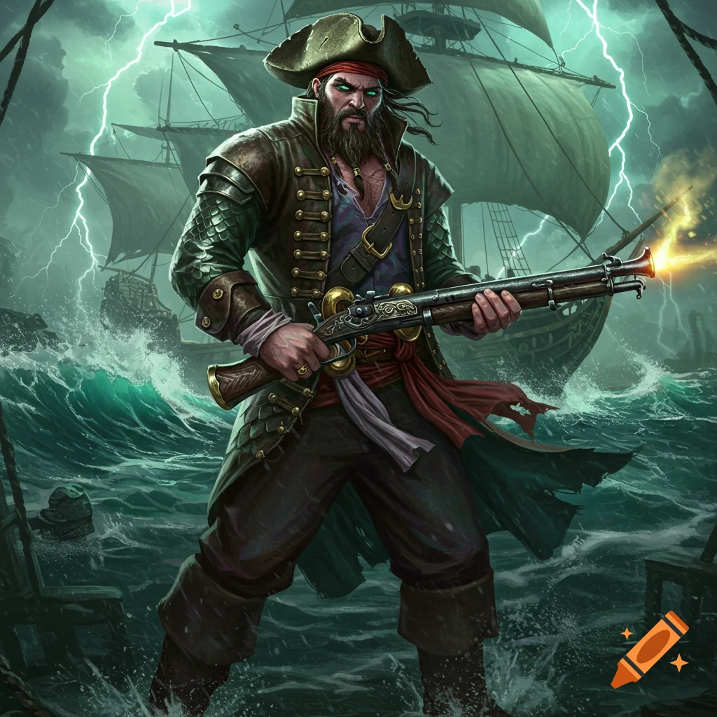 A fierce bearded pirate with glowing green eyes stands in stormy seas, firing a deck gun, with a ship and lightning in the background.