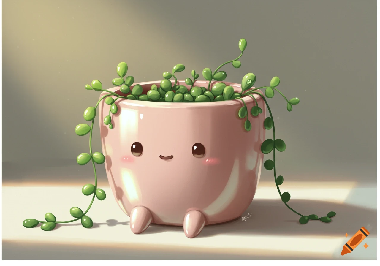 A cute pink cartoon pot with a happy face holds a green string-of-pearls plant, on a light background.