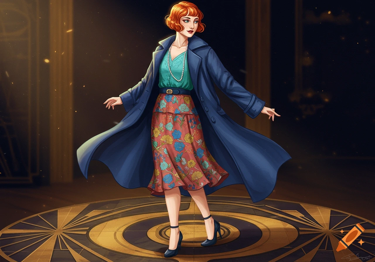 An illustration of a red-haired woman in a blue trench coat, teal blouse, and floral skirt, standing on an ornate floor.