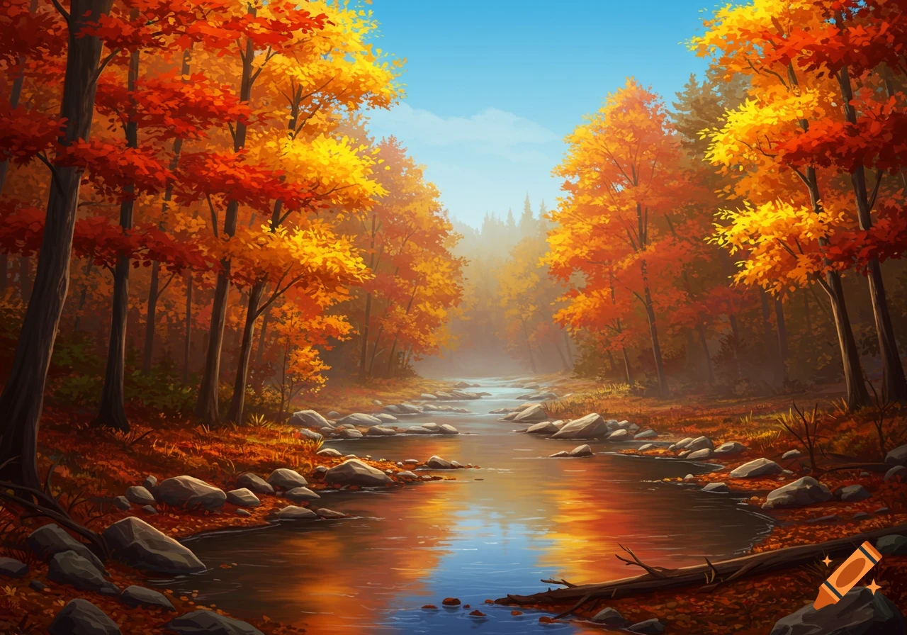 Vibrant, stylized autumn forest with a river flowing through it. Trees display bright red, orange, and yellow leaves under a clear sky.