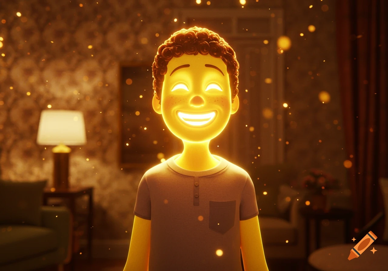 A happy cartoon boy with glowing yellow skin and curly brown hair smiles brightly amidst golden particles in a dimly lit room.