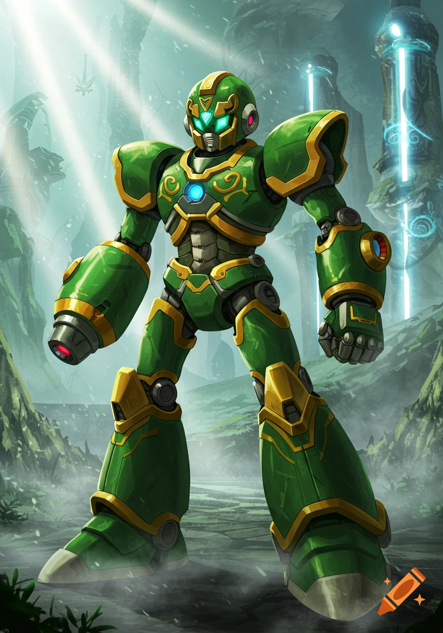 A green and gold Megaman-style robot with glowing eyes and chest stands in an ancient, overgrown ruin with glowing pillars.