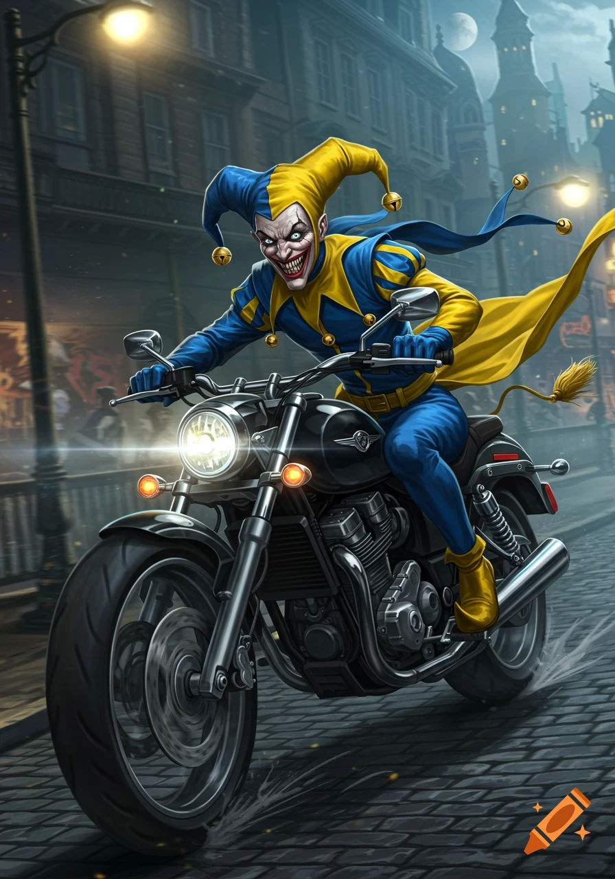 A sinister jester in a blue and yellow costume rides a motorcycle down a cobblestone street at night, in a dynamic comic art style.