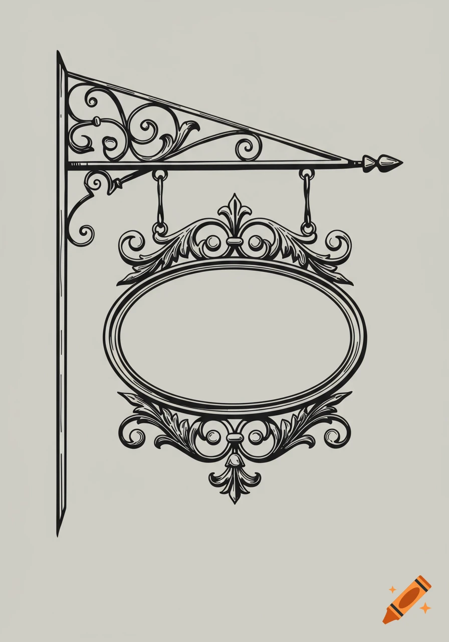 Ornate black and white vector illustration of an empty oval hanging sign with a decorative wall bracket and post.