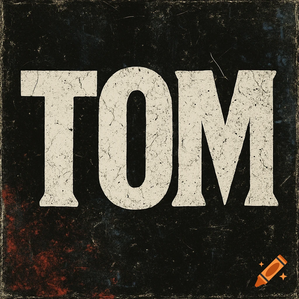 The word 'TOM' in a distressed, cream-colored, blocky font on a dark, scratched, grunge background.