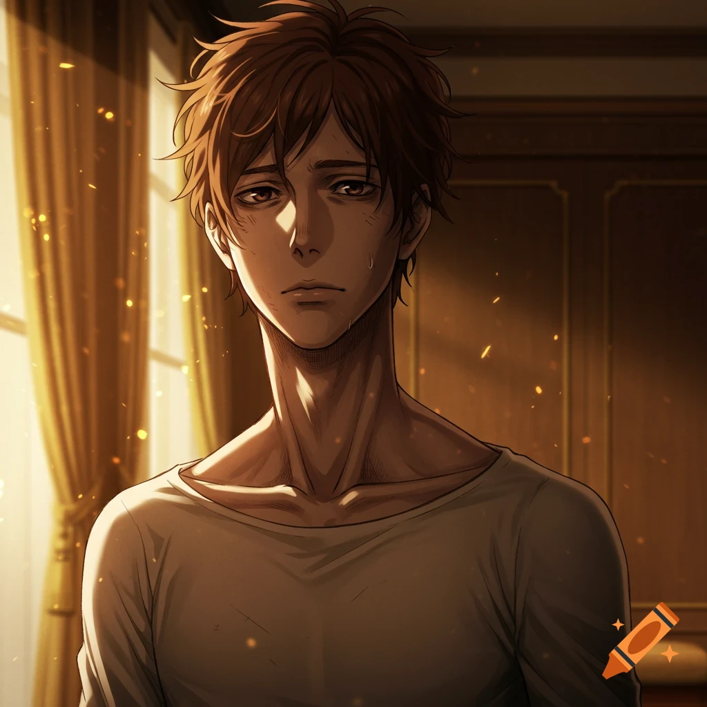 Anime portrait of a gaunt, sad-looking man with brown hair and eyes, illuminated by warm light from a window.