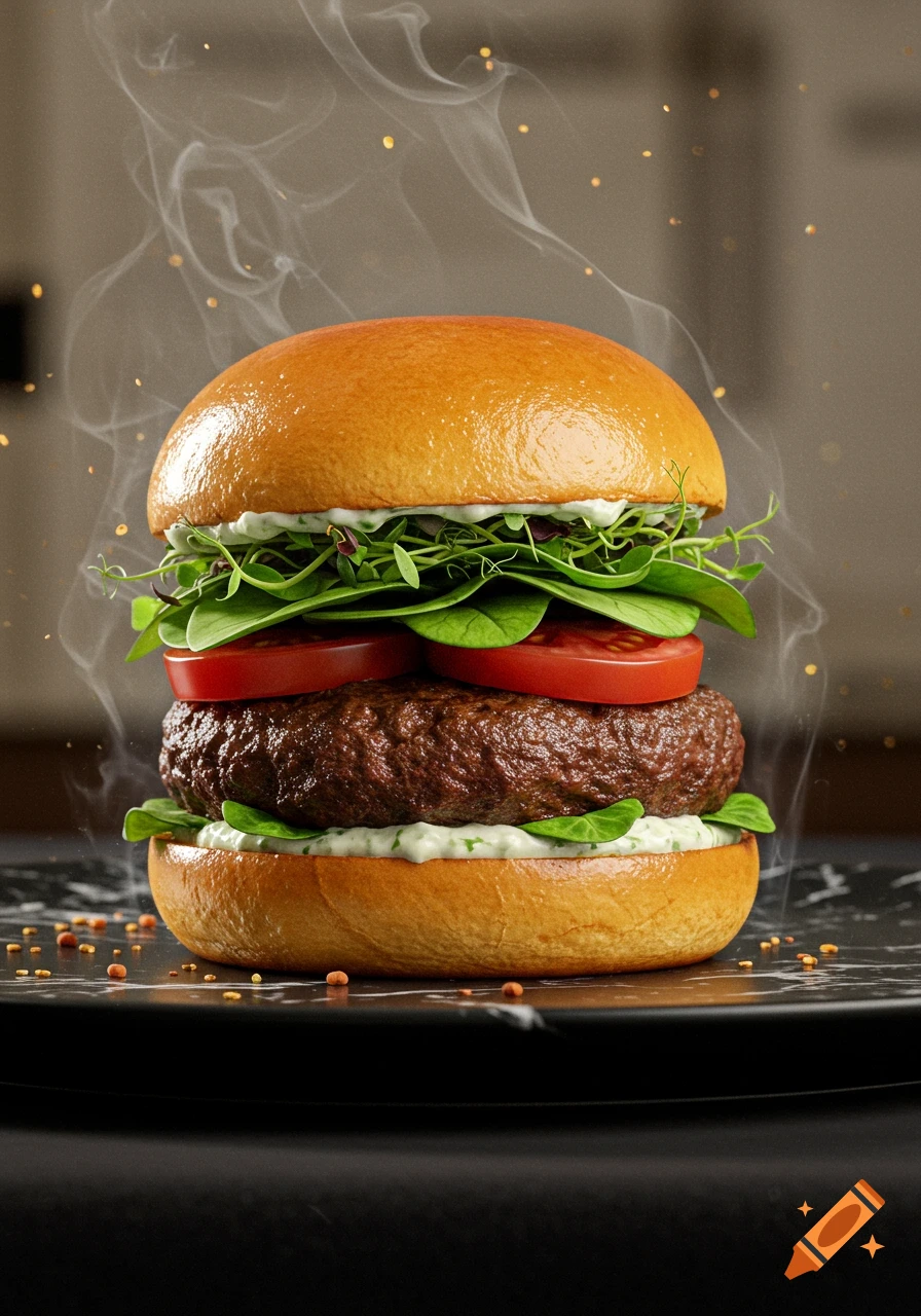 Photorealistic close-up of a steaming burger with a golden bun, beef patty, tomatoes, lettuce, and green sauce on a dark marble surface.