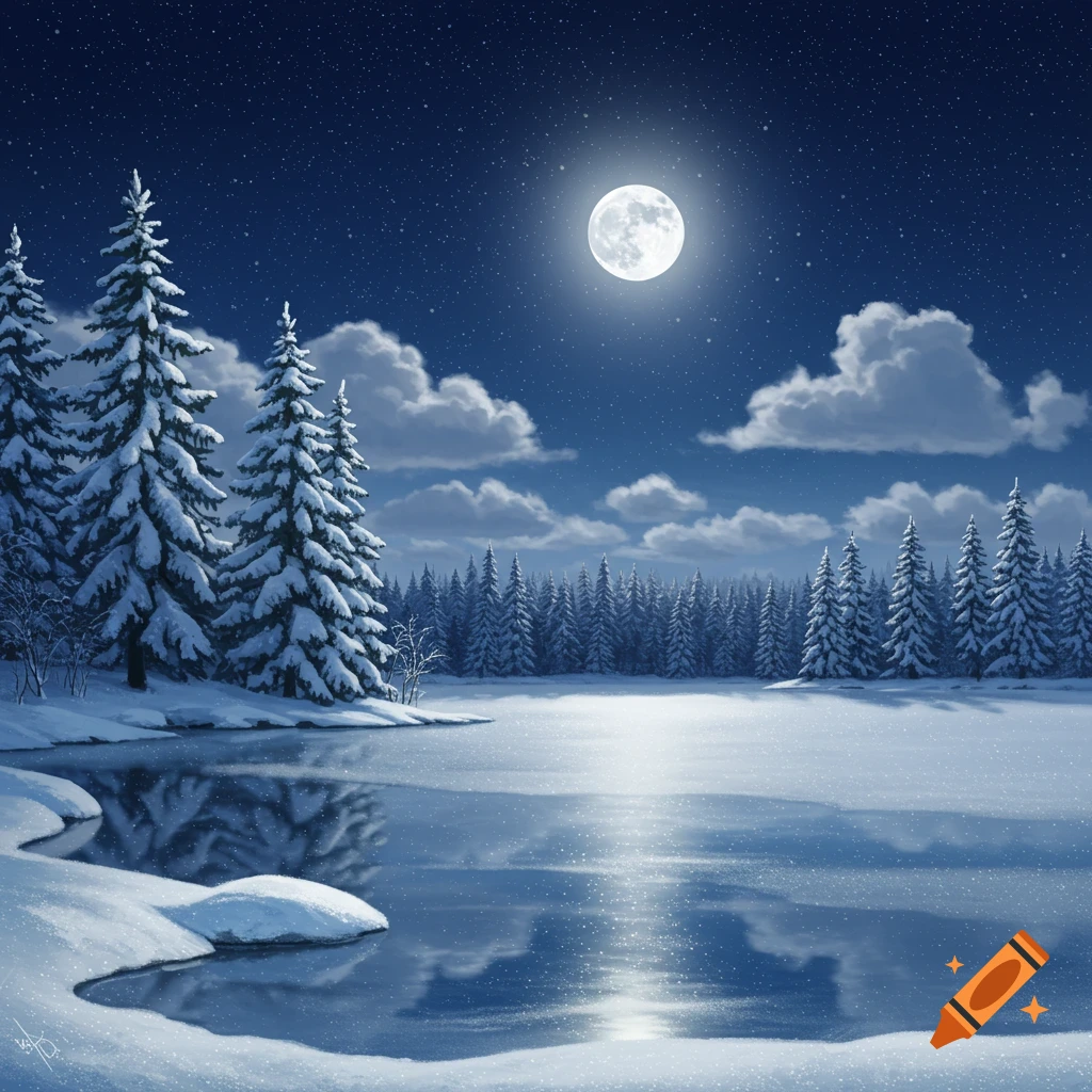 A serene winter night landscape with a full moon illuminating snow-covered fir trees and a partially frozen lake, reflecting the moonlight.