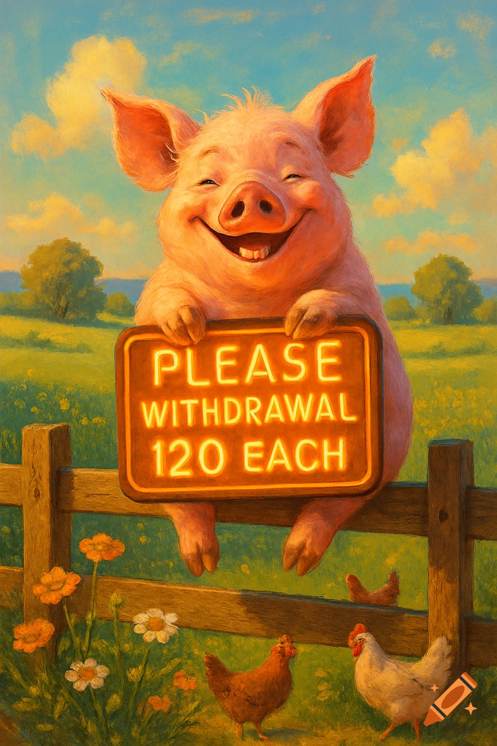 A cheerful cartoon pig holds a glowing sign that reads 'PLEASE WITHDRAWAL 120 EACH' in a sunny farm field with chickens.
