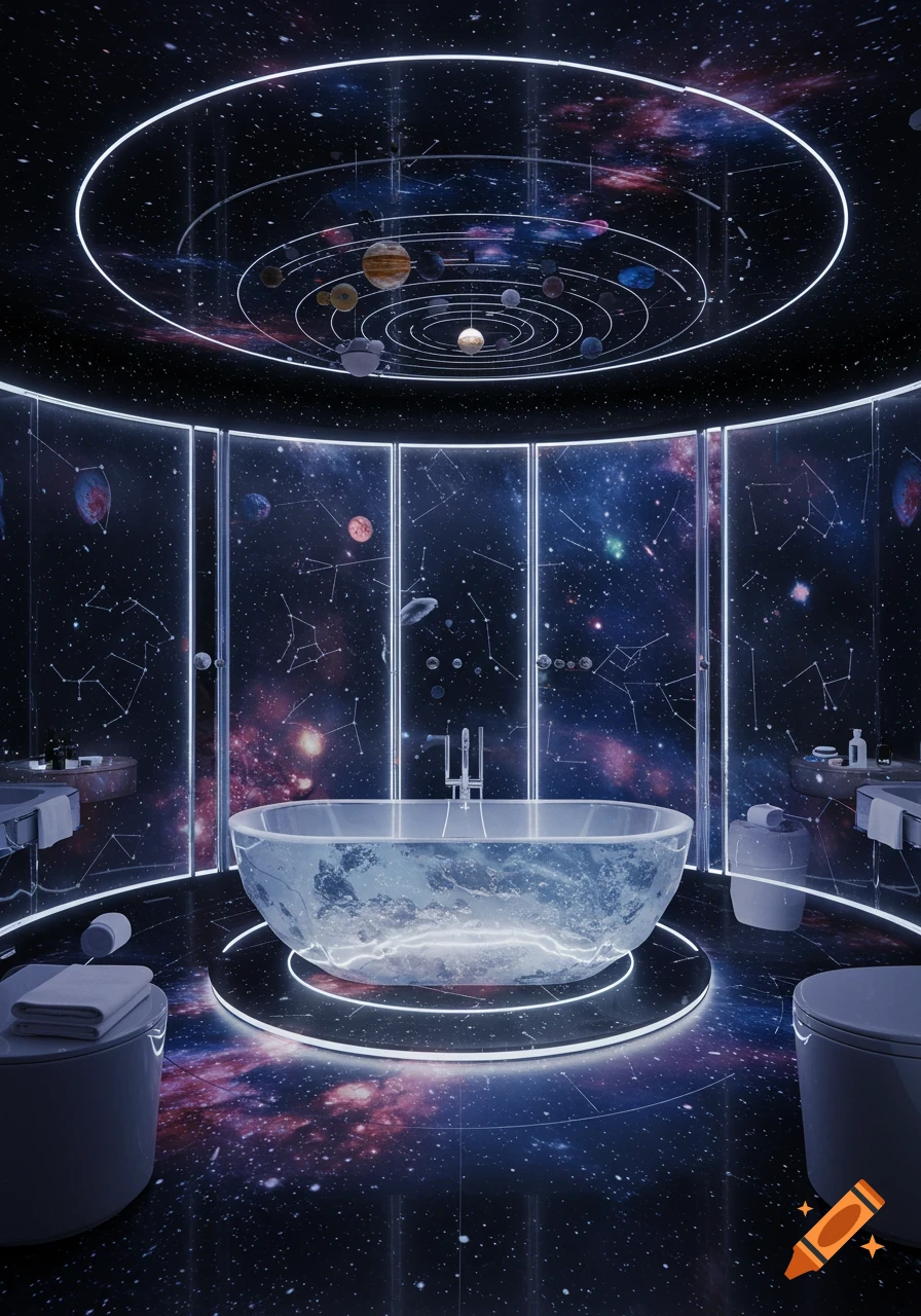 Futuristic space-themed bathroom with a clear bathtub, a hanging solar system model, and cosmic walls/floor lit by neon.