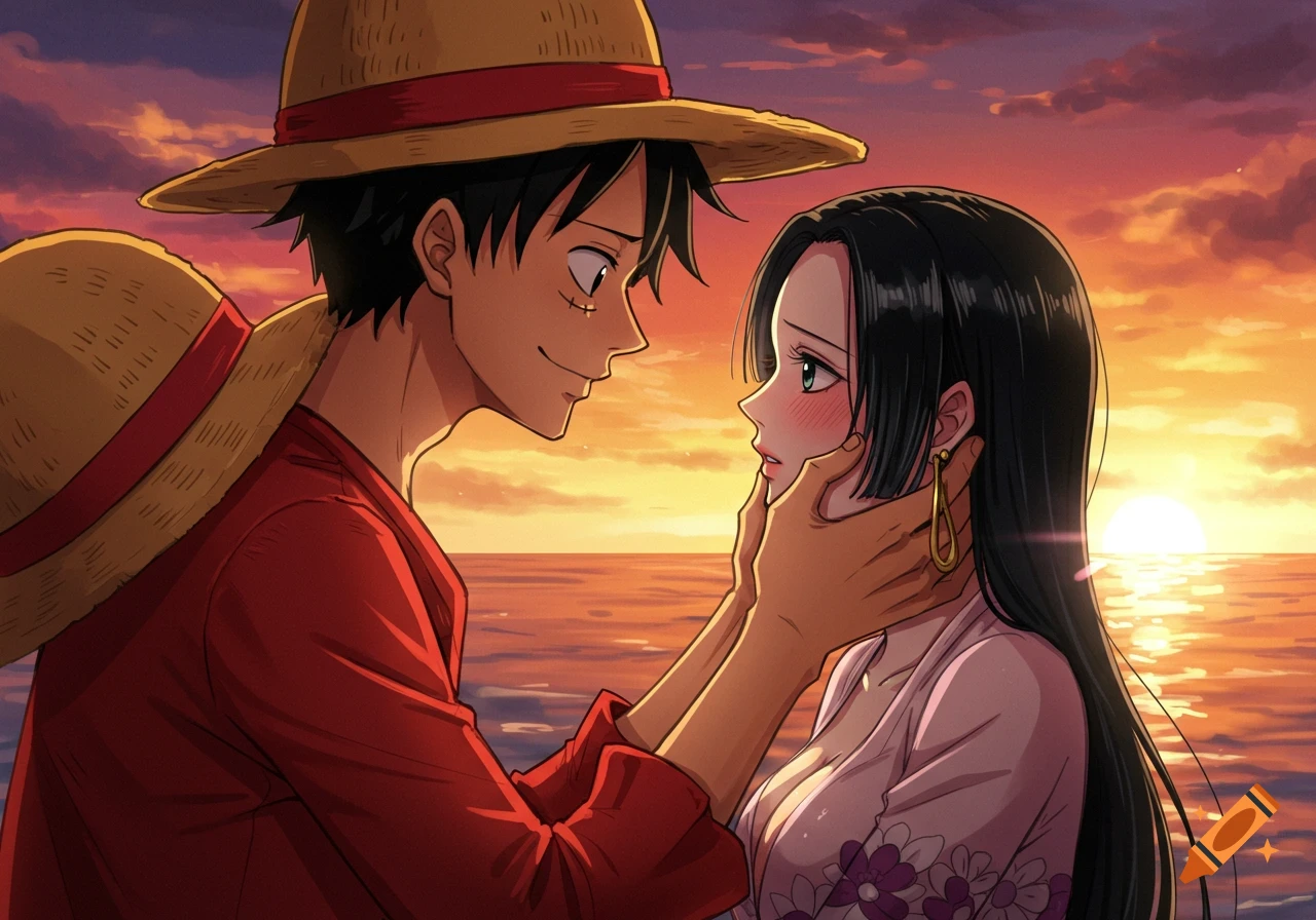Luffy holds Hancock's face as she blushes, with a sunset ocean background in anime style.