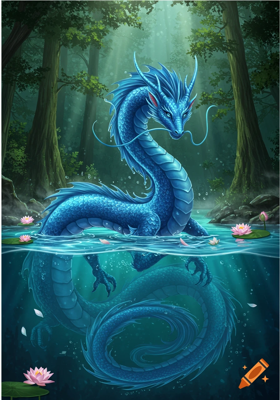 A majestic blue water dragon with a long body and fins emerges from a pond with pink water lilies in a mystical, sunlit forest.