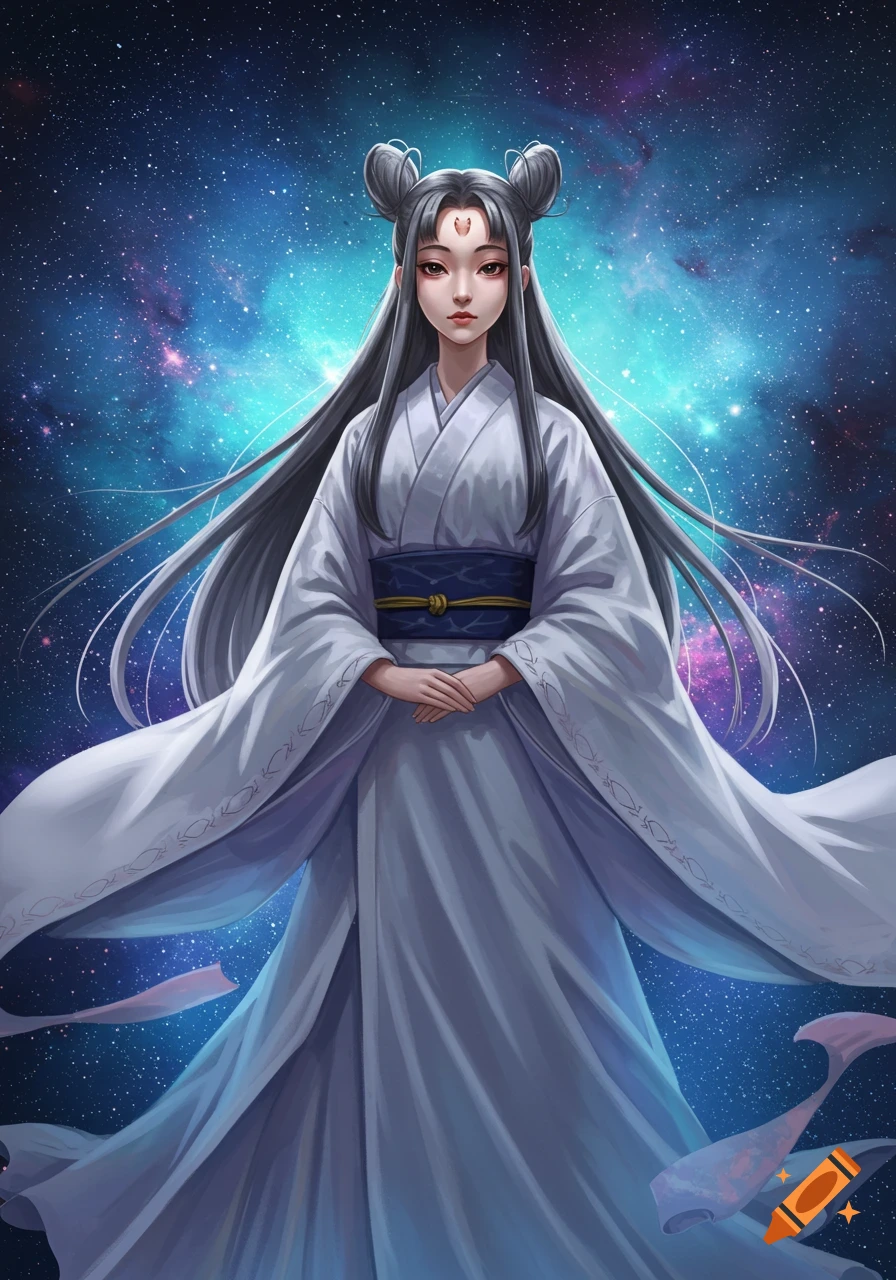 Anime character in a white kimono with long gray hair and buns, standing in front of a blue and purple galaxy background.
