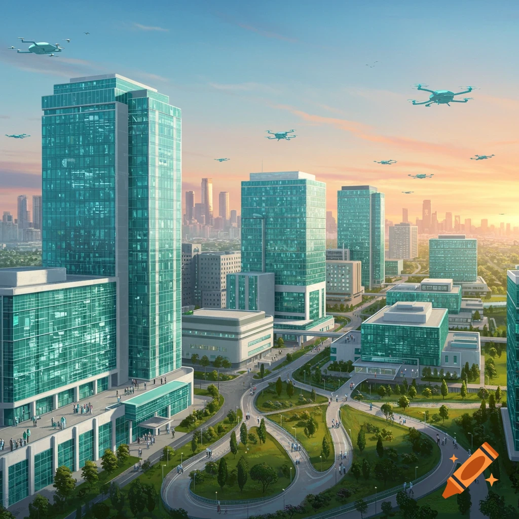Vibrant futuristic cityscape at sunset with sleek glass buildings, winding roads, green parks, and drones flying overhead.