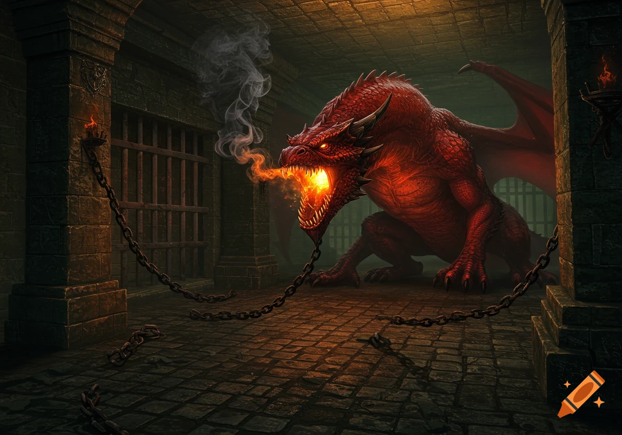 A menacing red dragon breathes fire in a dark, stone dungeon, with broken chains on the cobblestone floor.