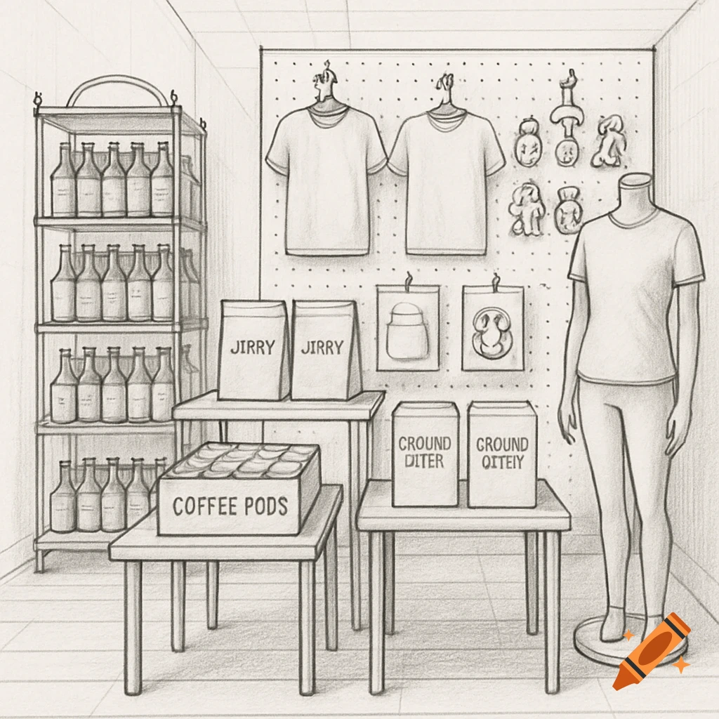 Black and white pencil sketch of a retail display with coffee pods, ground coffee bags, t-shirts, and other items.