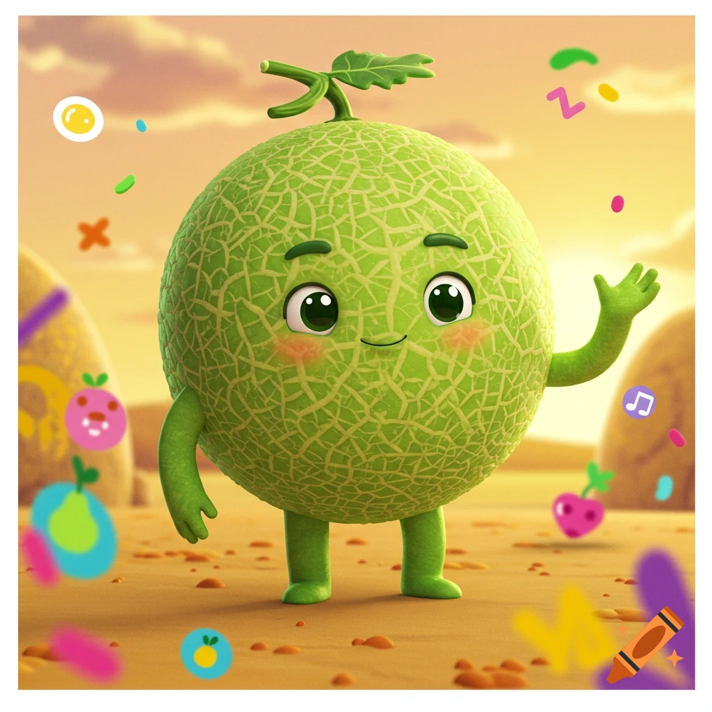 A cute, animated green melon character with big eyes, rosy cheeks, and a leaf on its head, waving in a sunny, whimsical landscape with floating colorful shapes.