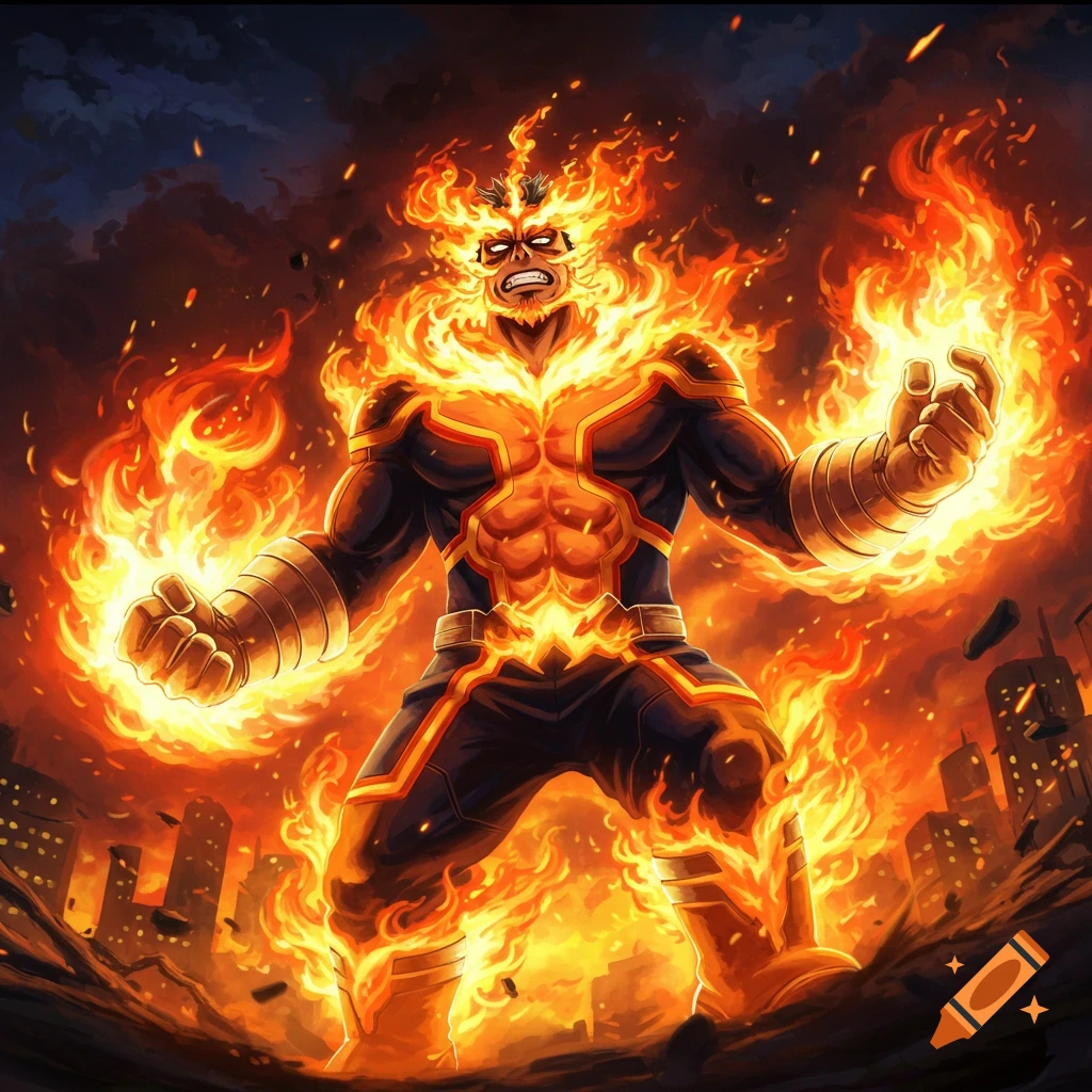 Anime-style illustration of a powerful, flame-engulfed superhero, Endeavor, standing fiercely in a burning city.