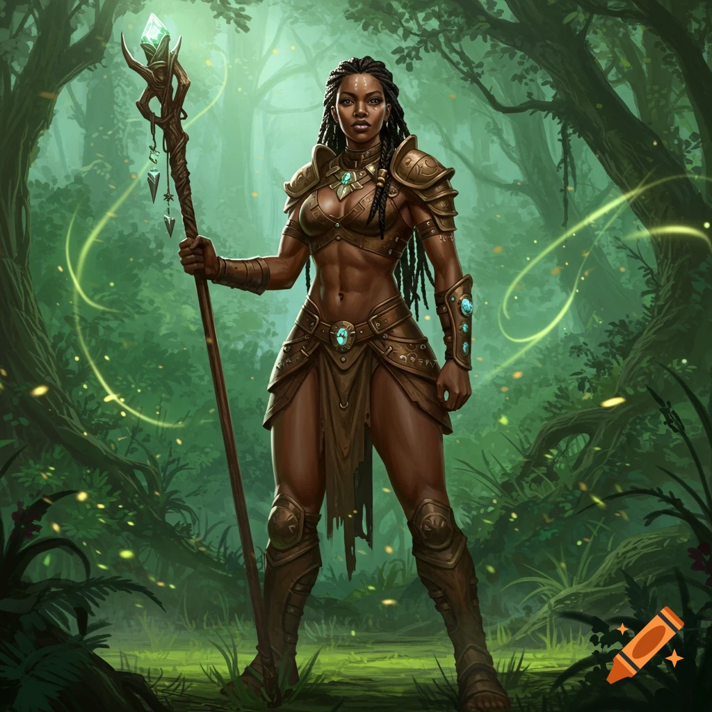 A Black female warrior in bronze armor holds a glowing staff in a lush, magical forest.