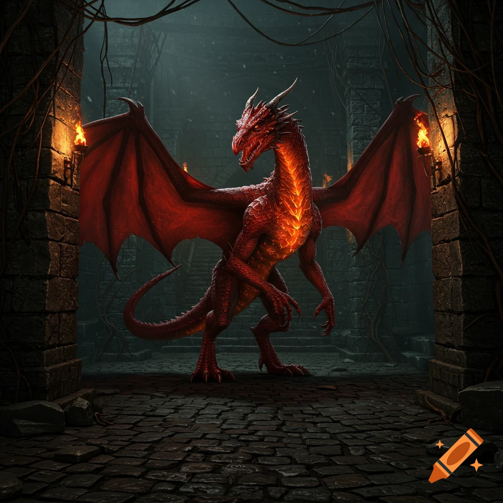 A fierce red dragon with glowing scales stands in a dark, torchlit stone dungeon.