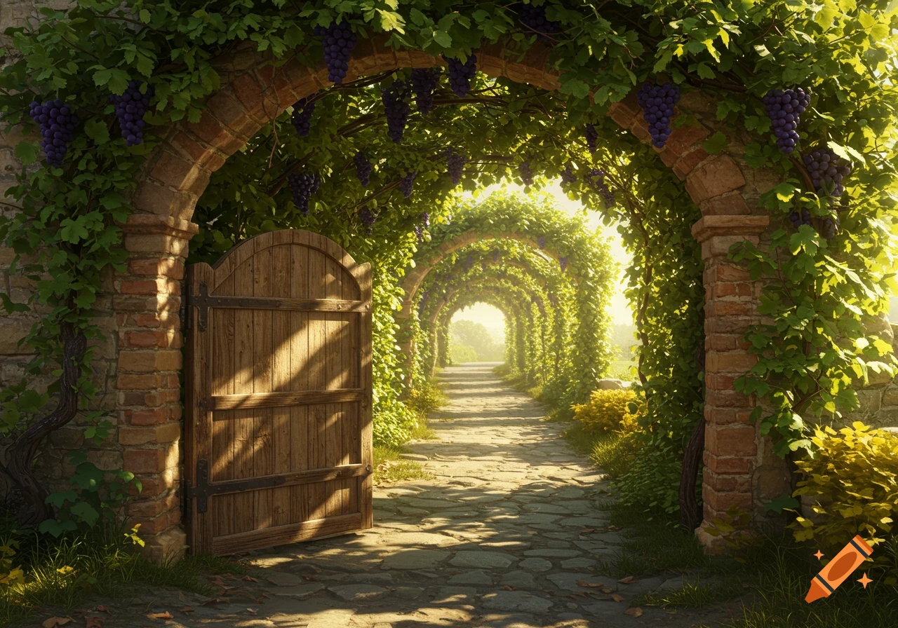 Photorealistic image of a stone path through vine-covered brick arches, with an open wooden gate. Sunlit garden.