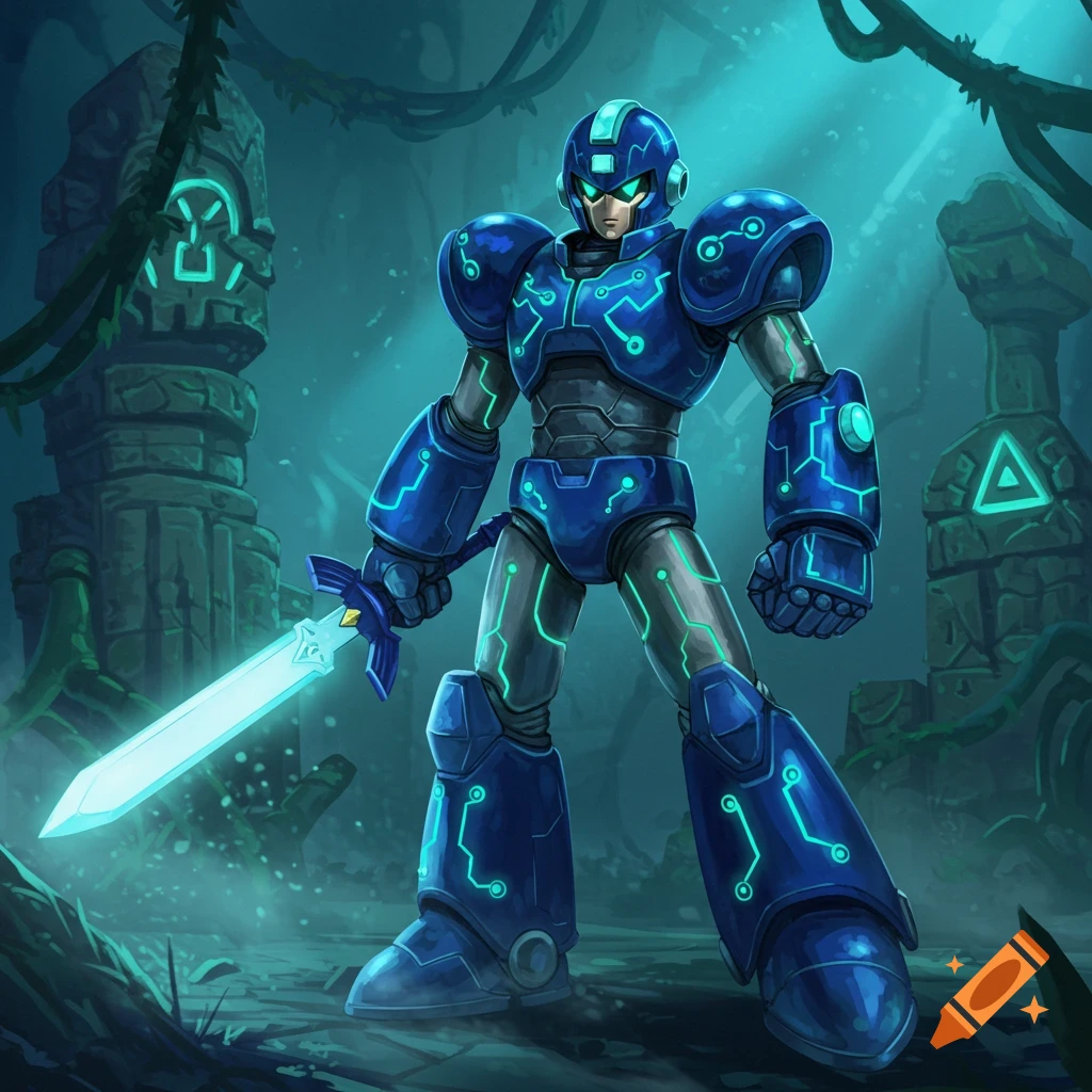 A blue robot in armored suit with glowing teal circuitry holds a glowing blue sword in a dark, overgrown ancient ruin.