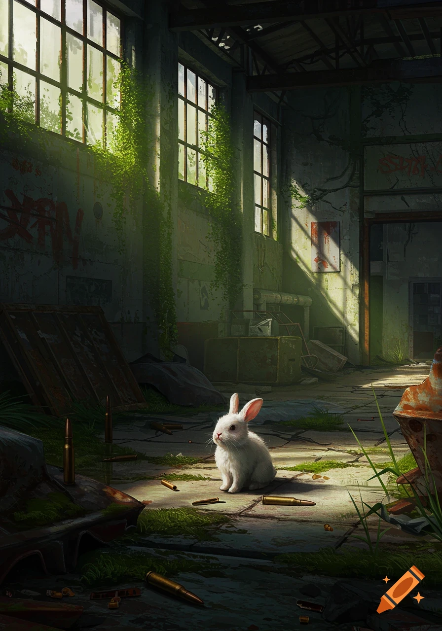 A white bunny sits among bullet casings in a sunlit, overgrown abandoned building with graffiti.