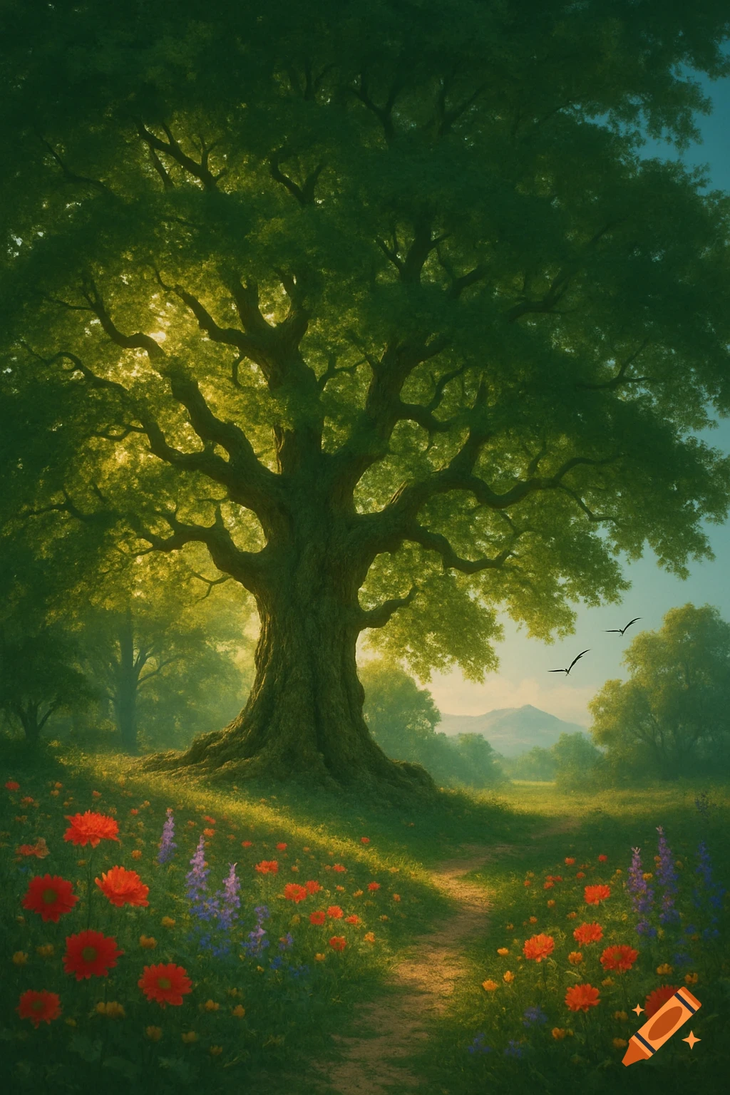 A large, ancient tree with lush green leaves stands in a sunlit meadow of red and purple wildflowers, with mountains in the distance.