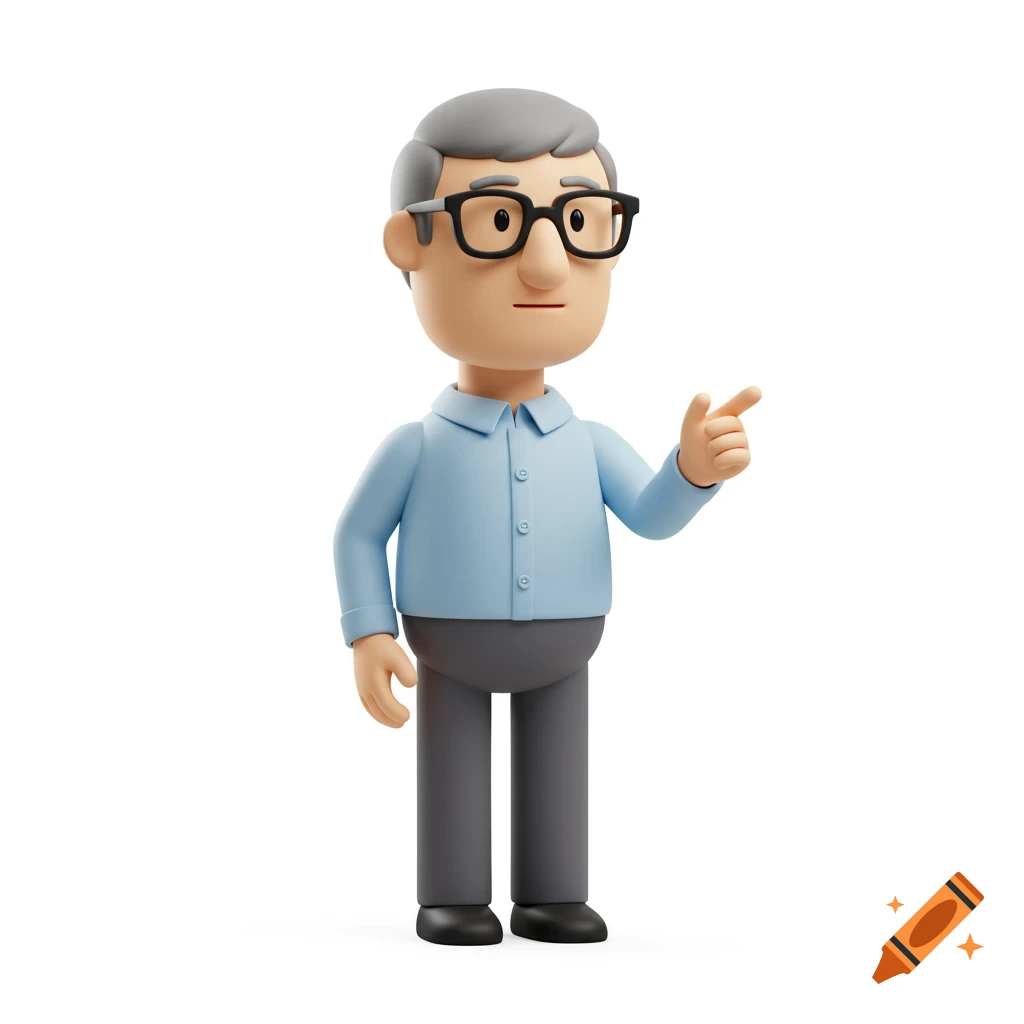 A 3D cartoon character resembling Bill Gates, wearing a blue shirt and glasses, standing and pointing forward on a white background.