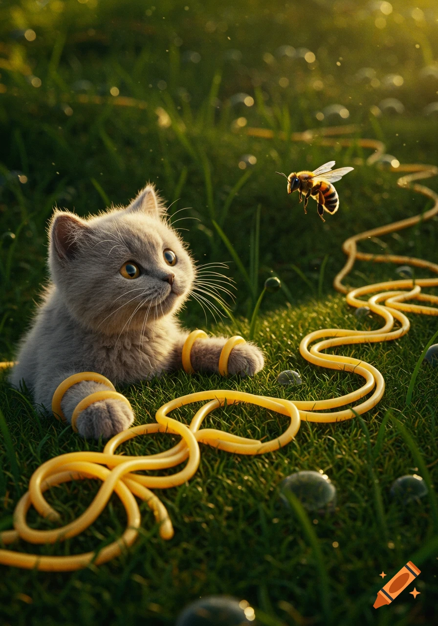 A fluffy gray kitten with big eyes looks up at a bee flying above, surrounded by yellow tubes resembling spaghetti in green grass. Photorealistic.