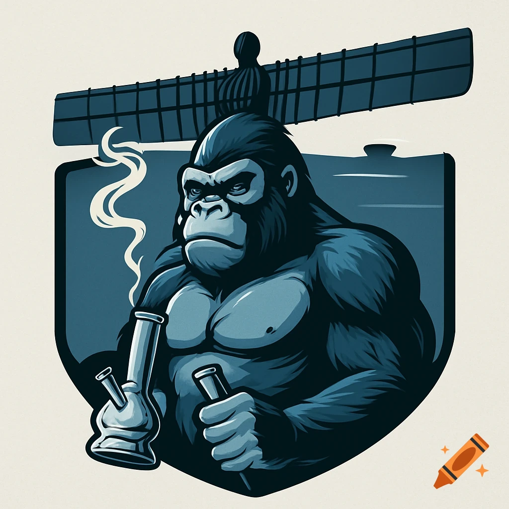 A stylized logo of a muscular gorilla, holding a bong and a smoking pipe, with the Angel of the North sculpture in the background, all rendered in shades of blue and gray.