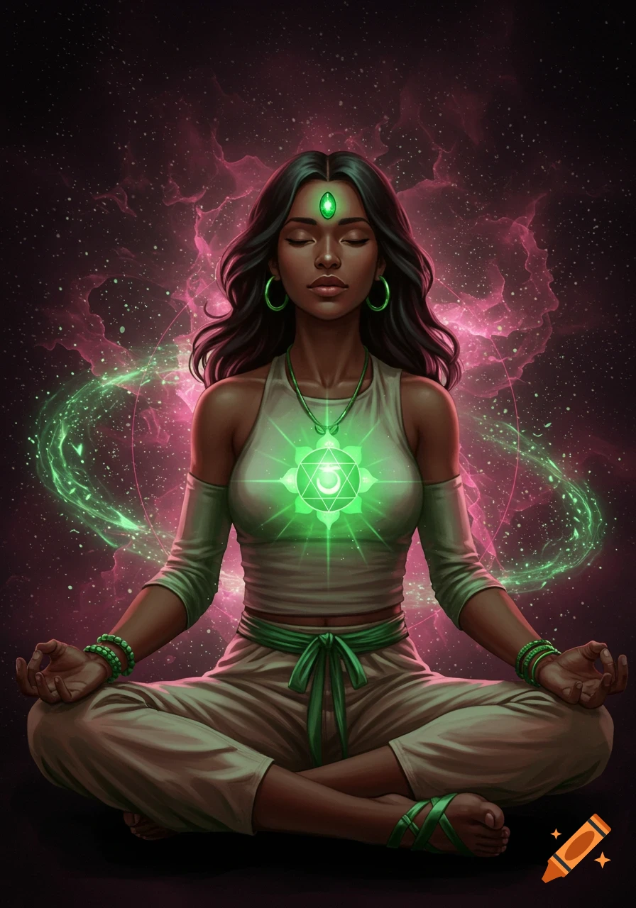 A beautiful young woman with dark hair meditates, green light glowing from her chest, wearing green jewelry, against a cosmic pink and green background. Art style.