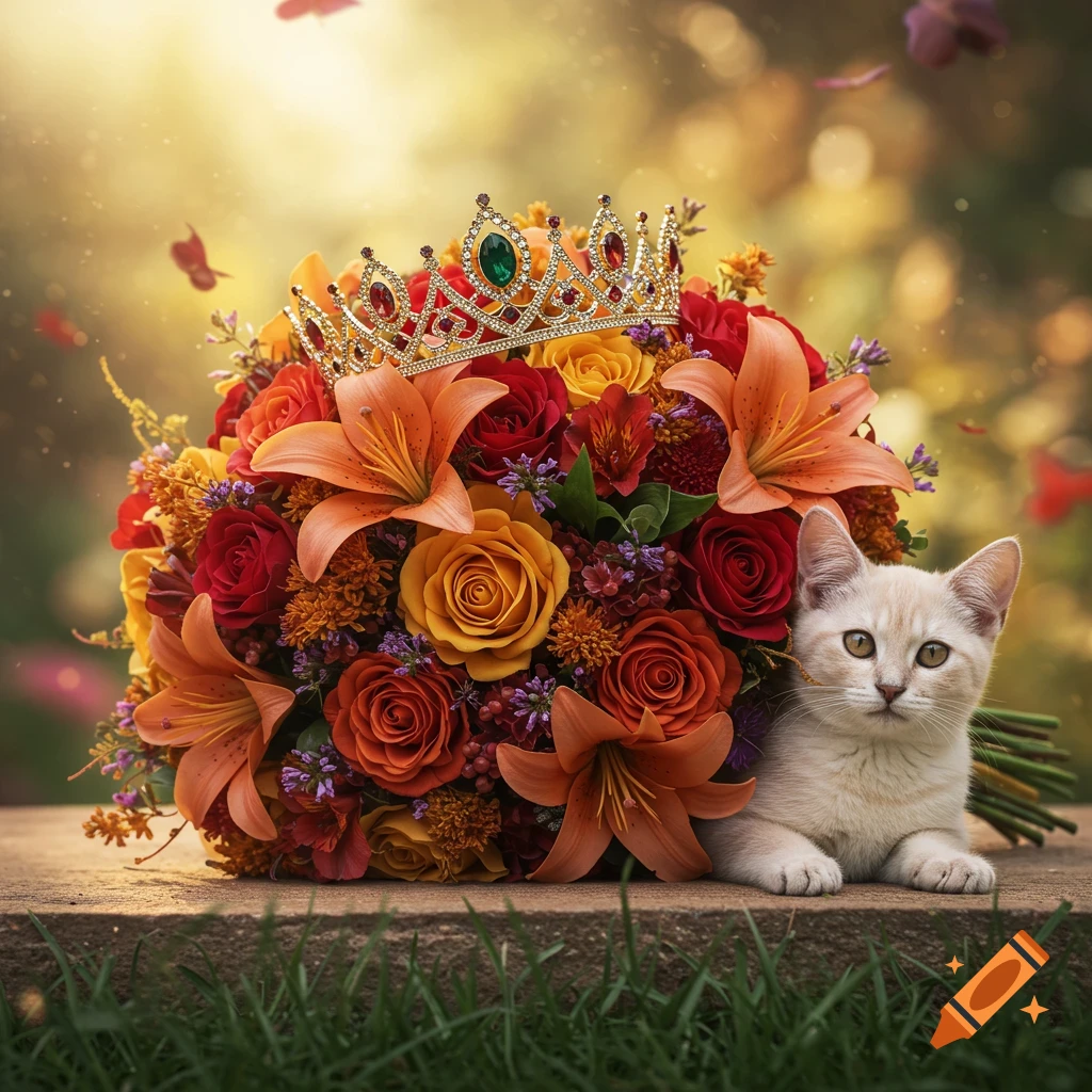 A photorealistic image of a light-colored cat next to a bouquet of orange and red flowers topped with a golden crown.