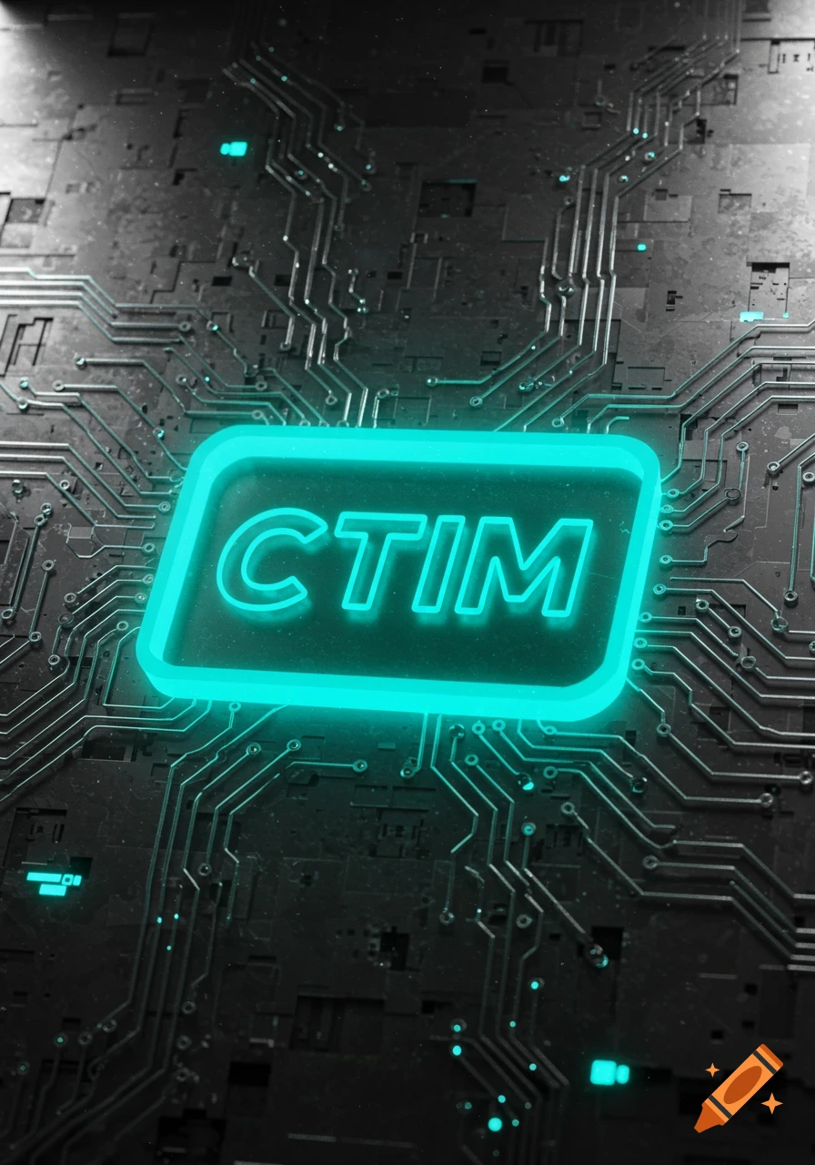 Close-up of a dark circuit board with glowing cyan lines and a central glowing rectangular button displaying "CTIM".