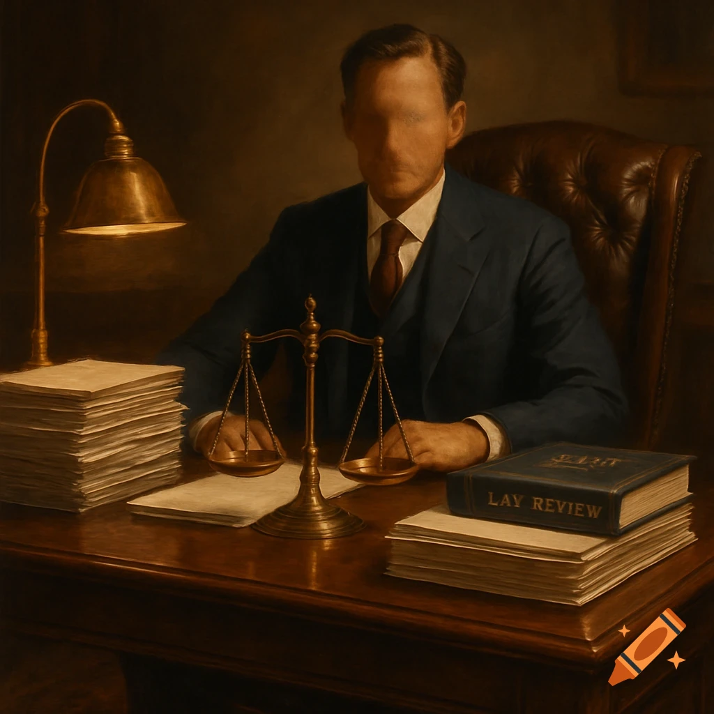 A faceless man in a blue suit sits at a dark wooden desk with a lit lamp, stacks of papers, a law scale, and a book titled 'LAY REVIEW'.