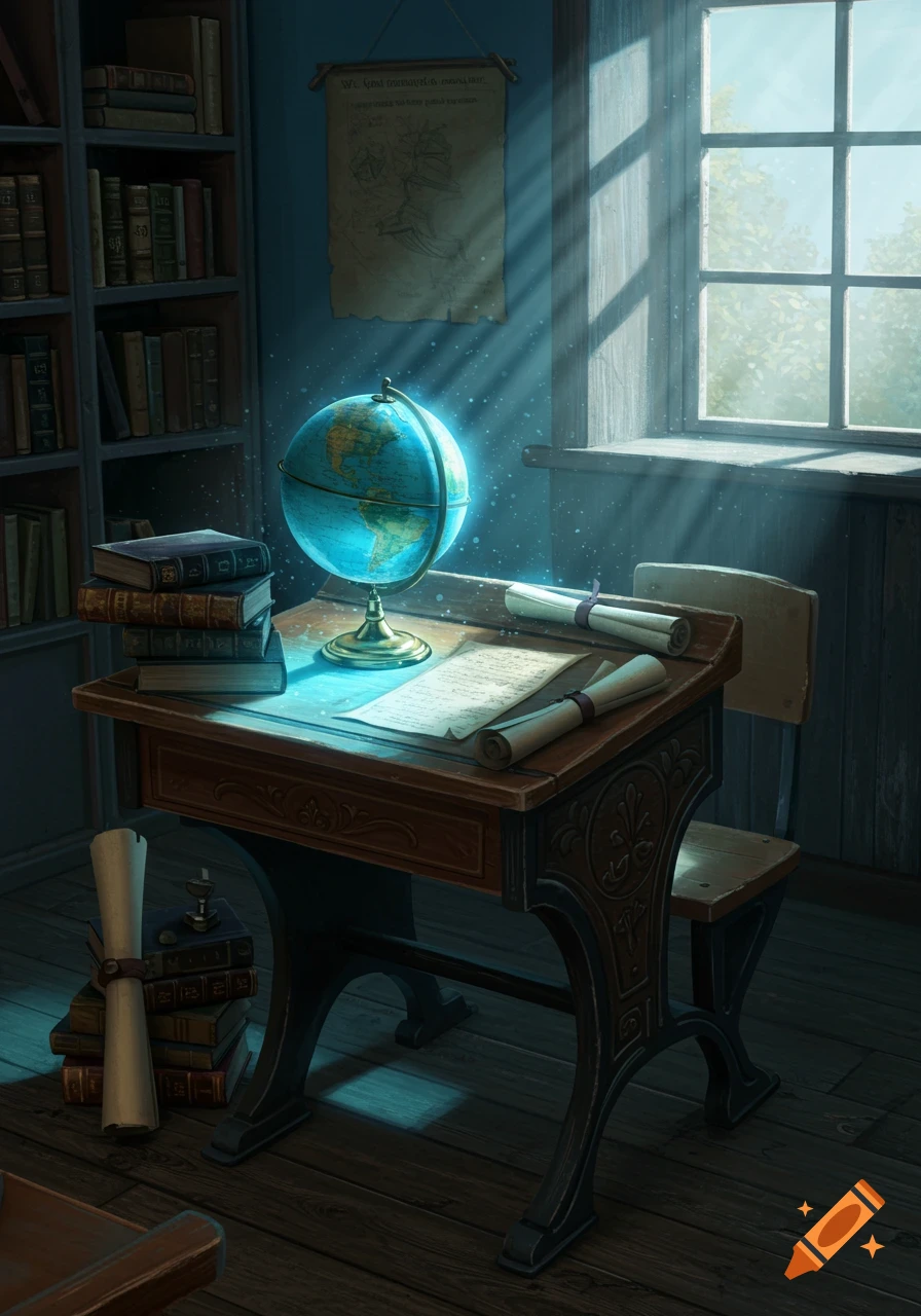 A vintage wooden desk with a glowing blue globe, old books, and scrolls in a dimly lit room with sunlight streaming through a window.