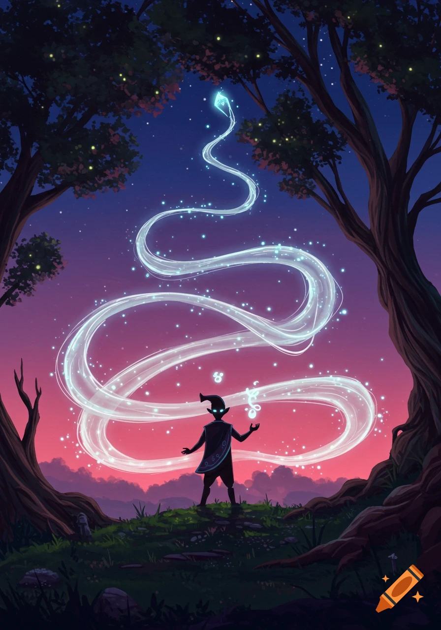 Stylized illustration of a figure with glowing eyes and pointed ears, generating glowing magical energy in a twilight forest.