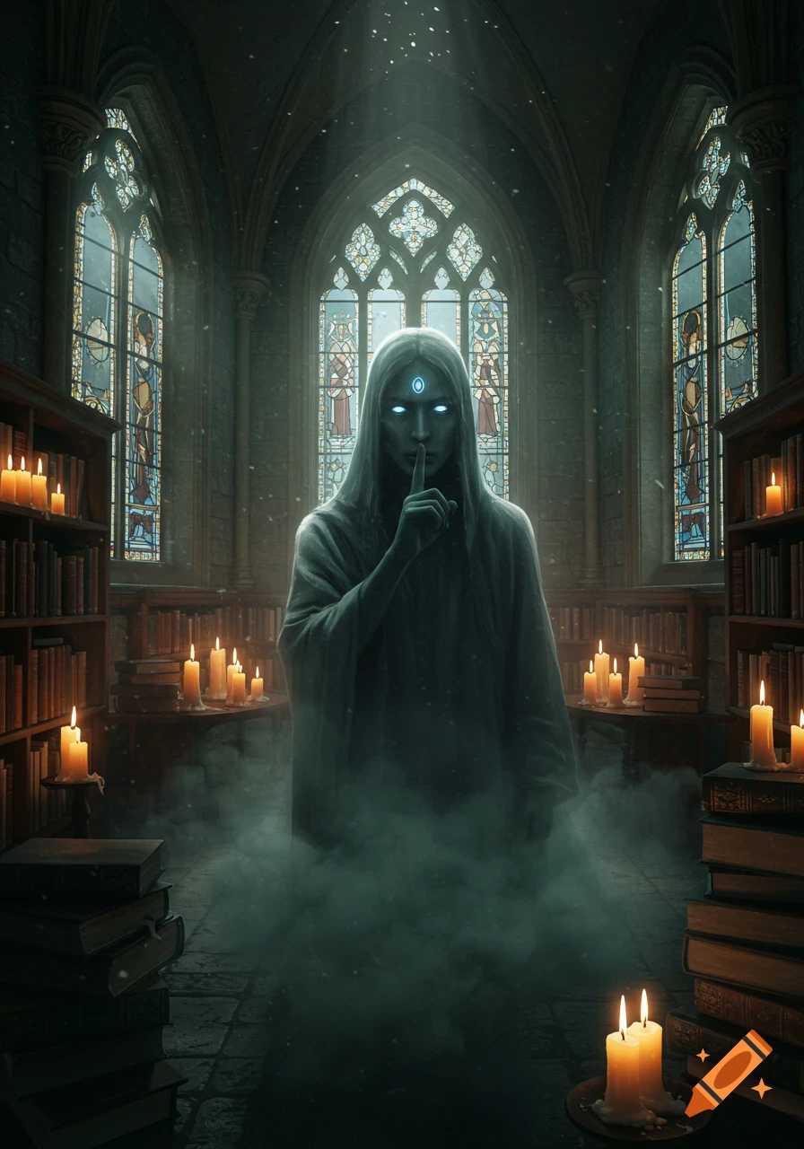A spectral, hooded figure with glowing eyes and a third eye shushes in a dark, candle-lit gothic library with stained glass windows.