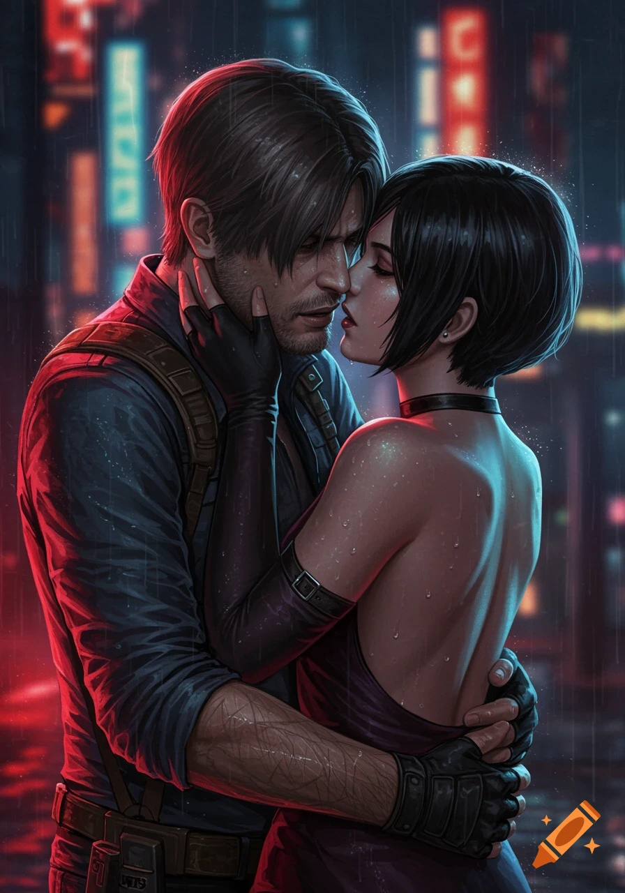 Digital illustration of Leon S. Kennedy and Ada Wong embracing intimately in a rainy, neon-lit city at night.