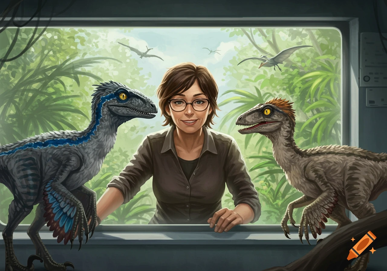A woman with a pixie cut and glasses smiles from a laboratory window at a blue and a tan feathered velociraptor in a jungle, with pterosaurs flying above.