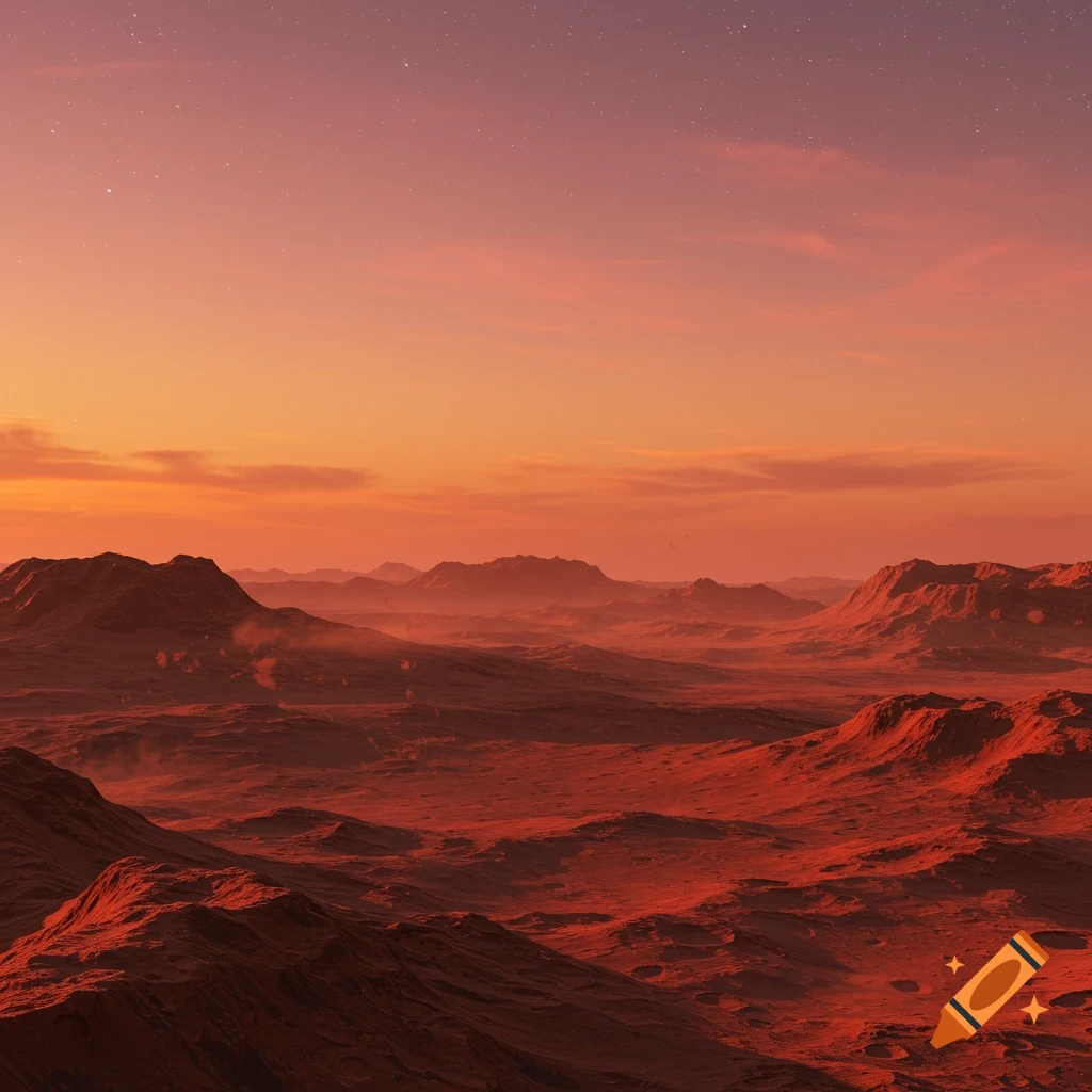 Red Martian landscape with rocky mountains, cratered terrain, and an orange-pink sunset sky with faint stars.