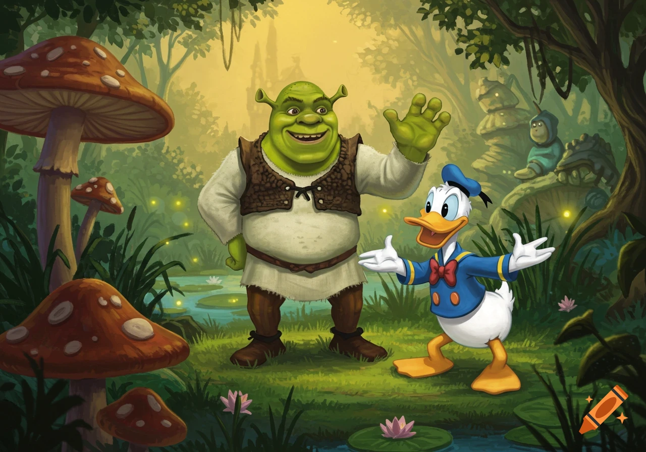 Shrek waves next to a gesturing Donald Duck in a vibrant, enchanting forest with large mushrooms and glowing fireflies.
