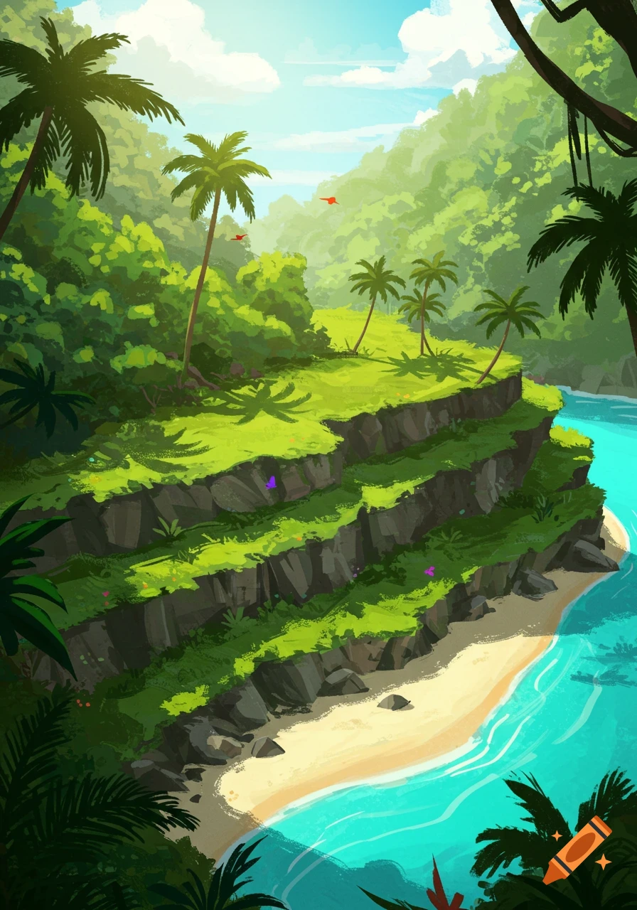 Vibrant stylized illustration of a tropical jungle island with cliffs, palm trees, a sandy beach, and turquoise water.