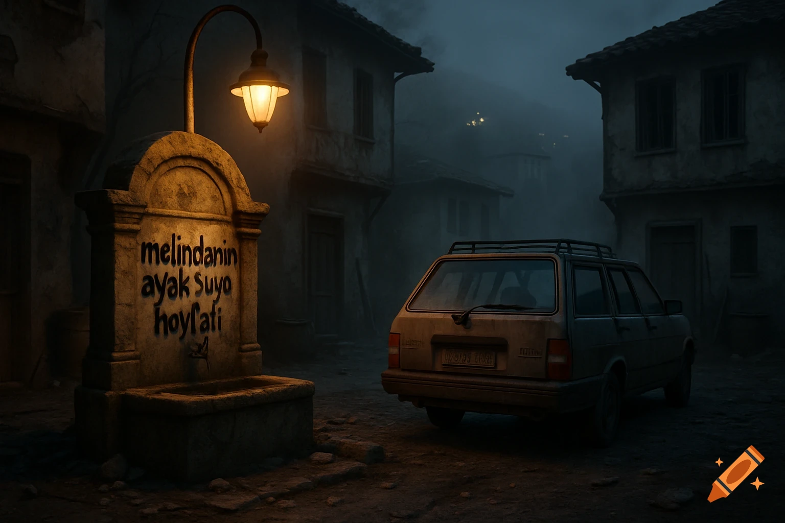 Cinematic view of a gloomy Turkish village corner at dusk, street lamp illuminates a graffiti-laden fountain, old car nearby in fog.