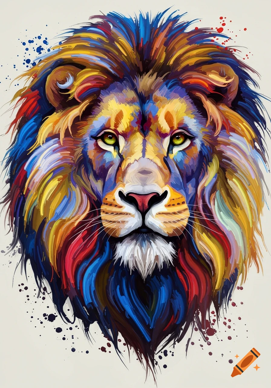A vibrant, colorful lion's head painting with a full mane of blue, yellow, red, and orange brushstrokes on a light background.