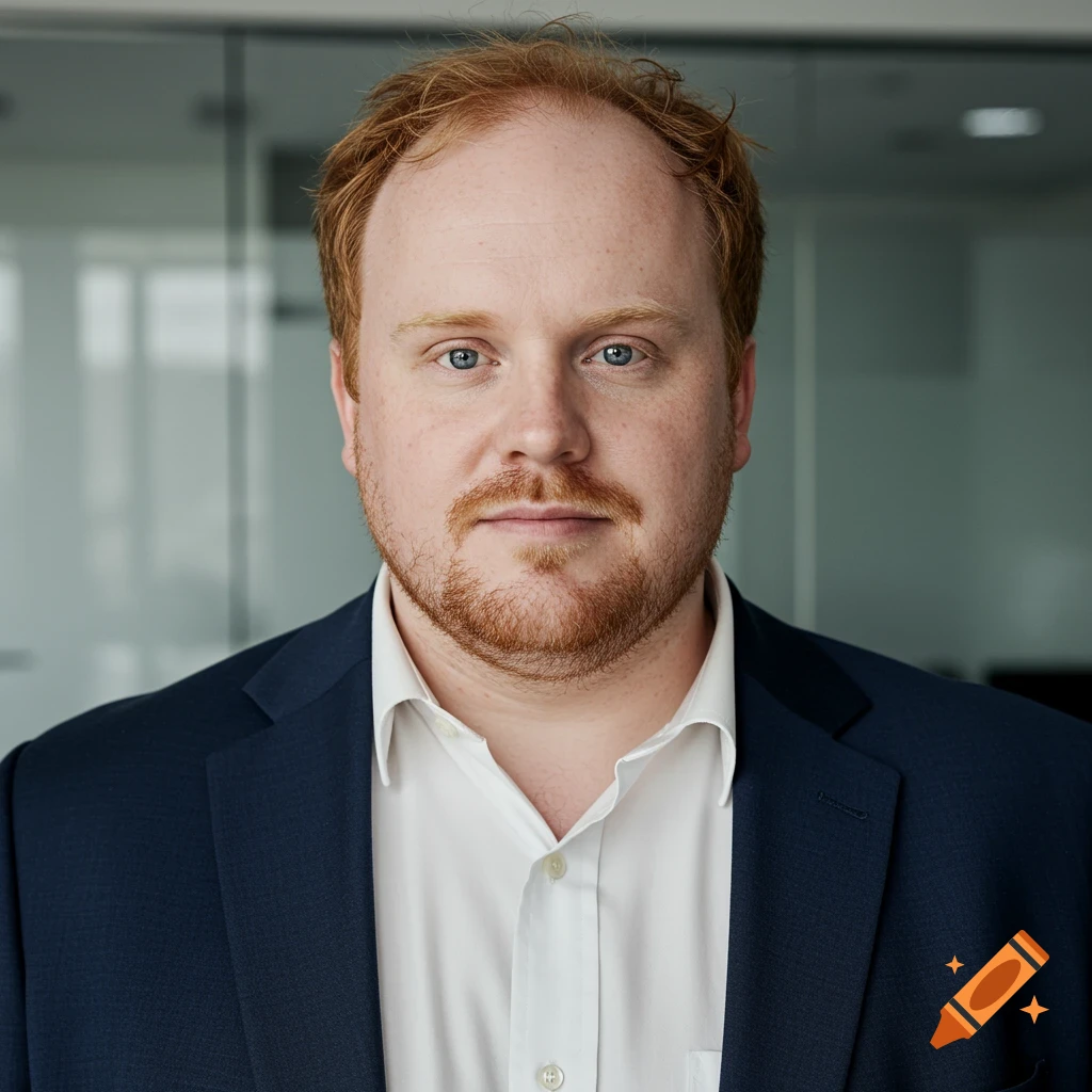 Close-up portrait of a man with reddish-orange hair and beard, blue eyes, wearing a white shirt and a dark blue suit jacket.