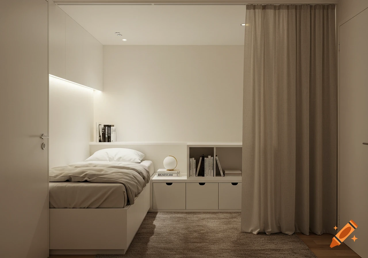 A modern, minimalist bedroom with a twin bed, built-in shelving, a light curtain, and a rug. Soft lighting.