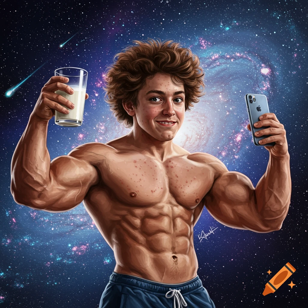 A muscular teenage boy with curly brown hair and acne holds a glass of milk and an iPhone against a vibrant galaxy background.